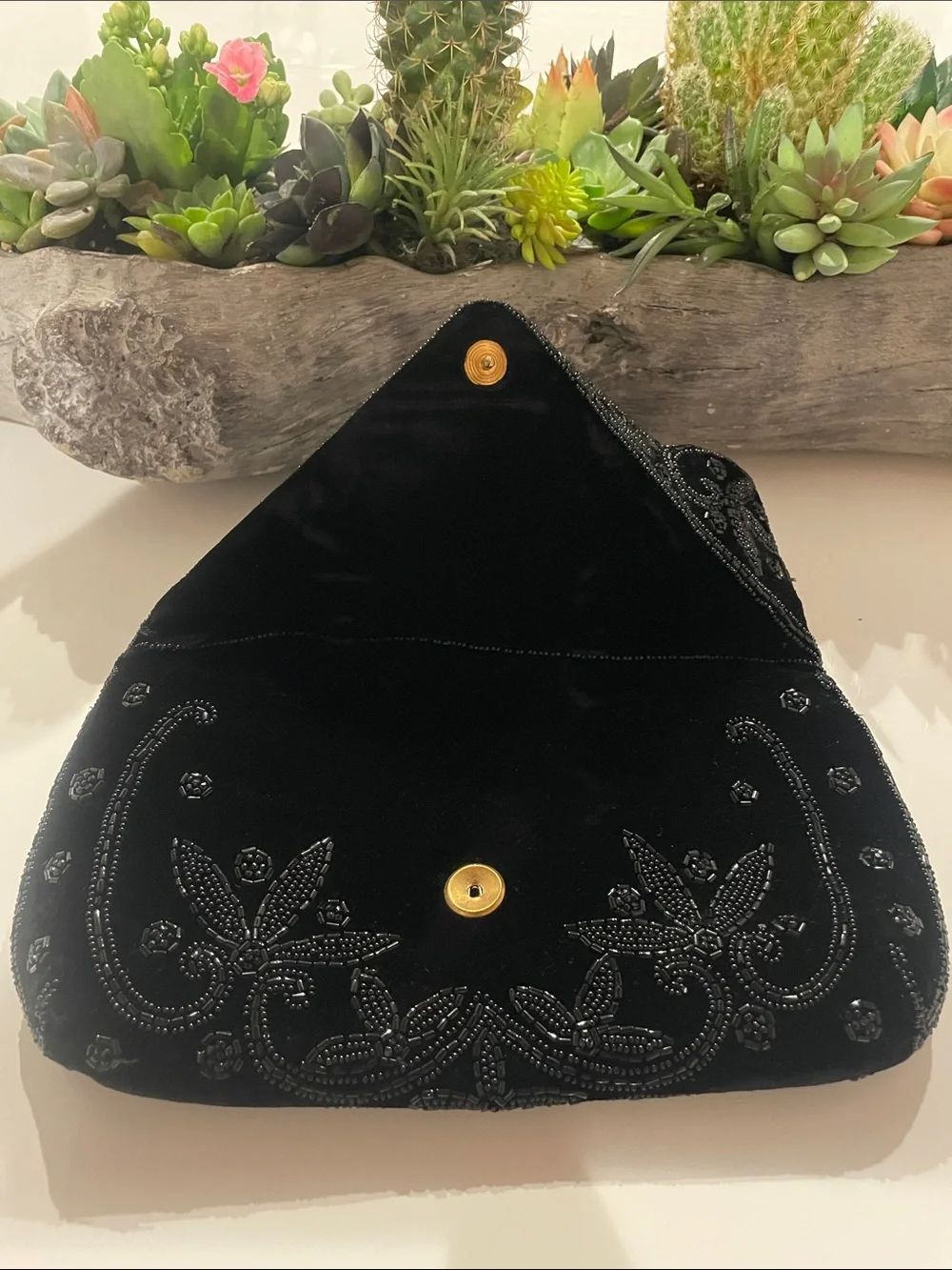 VINTAGE Black Velvet Hand-Beaded Envelope Evening Clutch Bag ~ Made In France